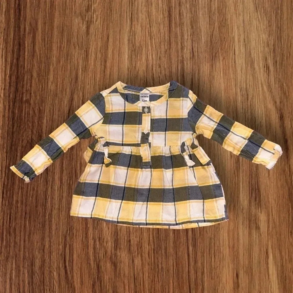CARTERS Baby Girl Yellow and blue plaid shirt with leggings size 12m